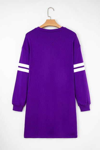 Tillandsia Purple Varsity Contrast Banded Sleeve Shift Sweatshirt Dress
