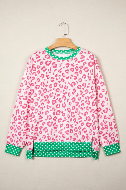 Pink Leopard Polka Dot Colorblock Trim Long Sleeve Top