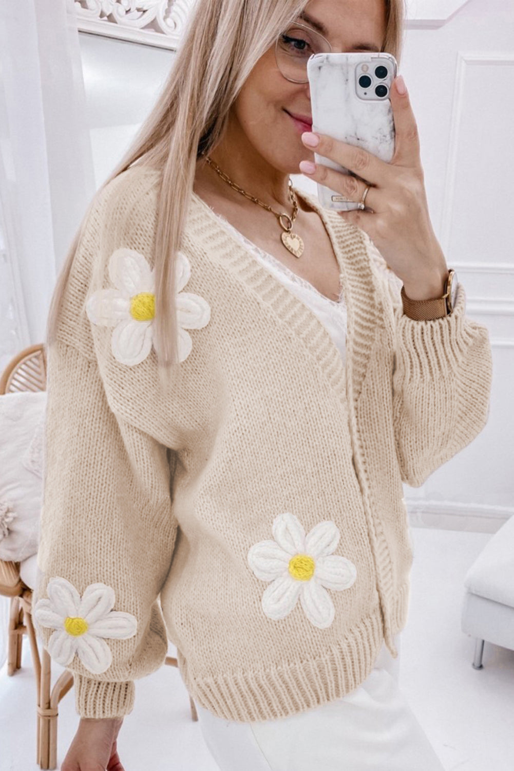 Cardigan boutonné élégant à motif floral en parchemin