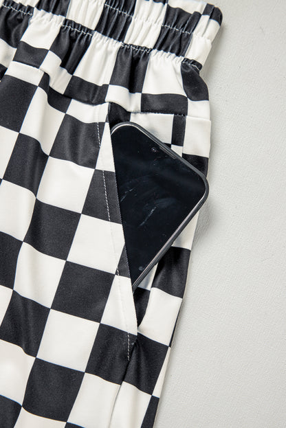 Black Checkered Print High Waist Casual Shorts
