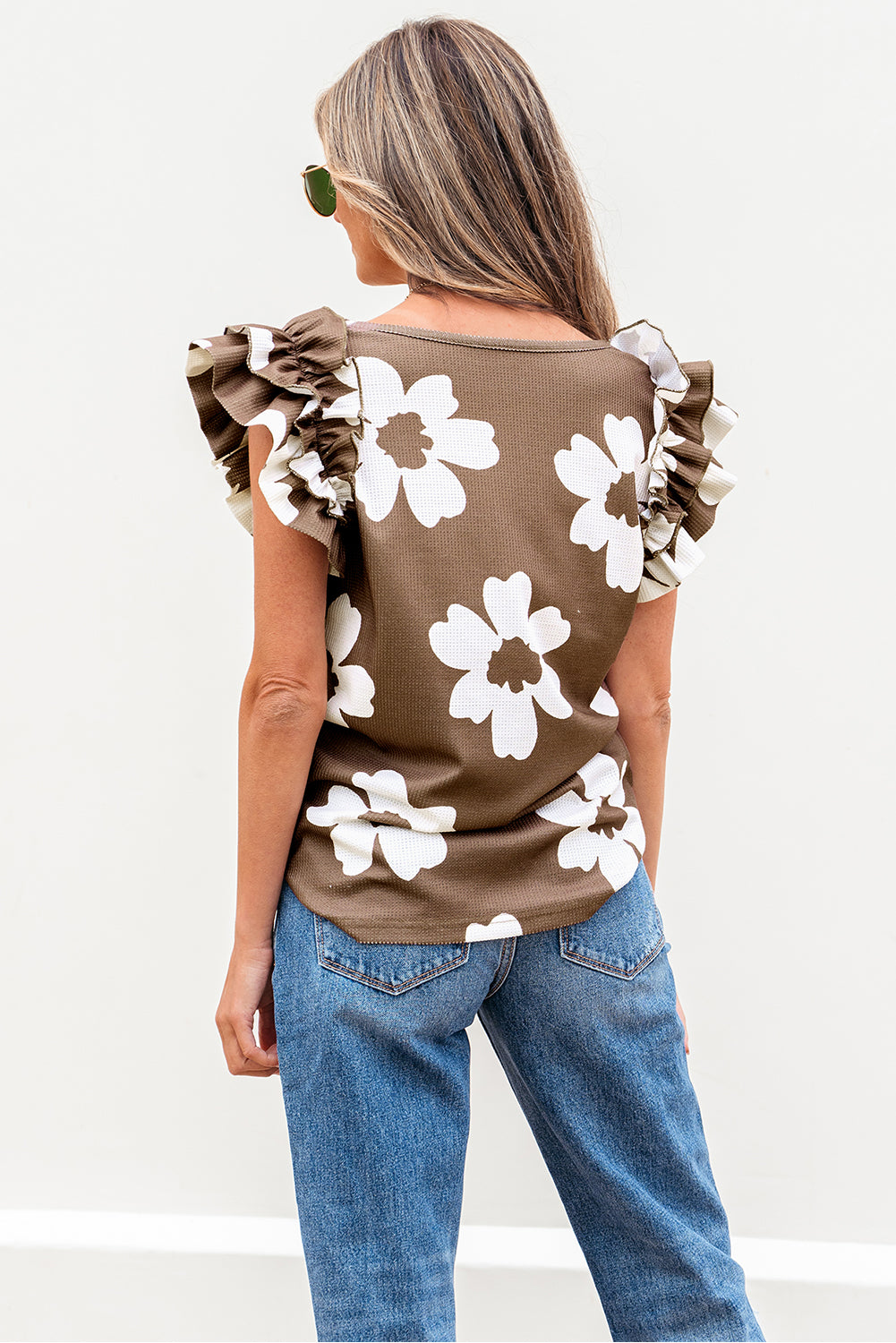 Pink Floral Textured Ruffled Short Sleeve Square Neck Blouse