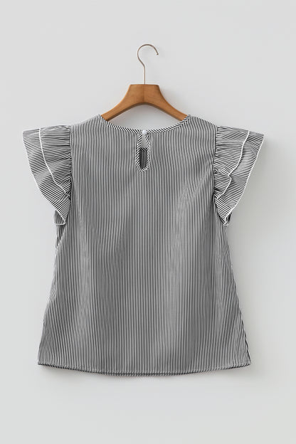 Black Stripe Striped Ruffle Sleeve Short Sleeve Round Neck Casual Shift Blouse