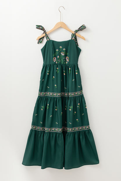 Robe longue à volants et bretelles nouées à fleurs vert noirâtre