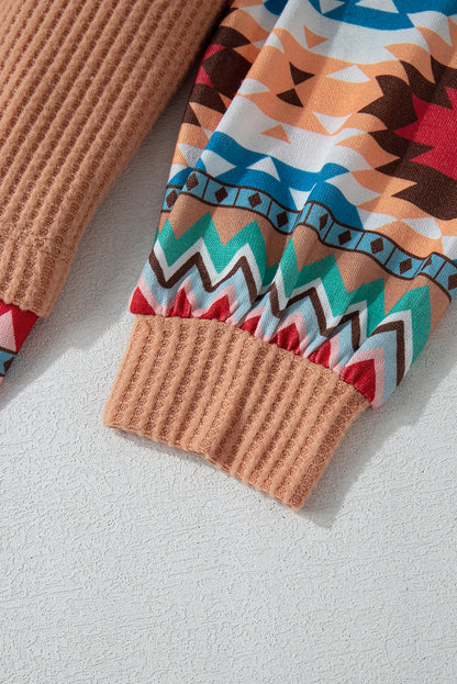 Sweat à capuche kaki en tricot gaufré patchwork aztèque grande taille