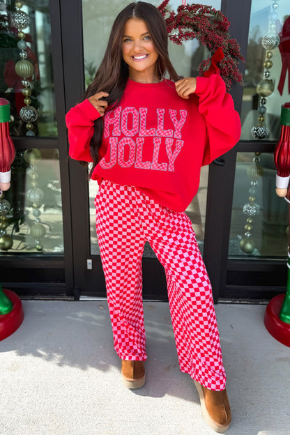 Red Christmas Slogan Graphic Plaid Contrast Two-piece Pant Set