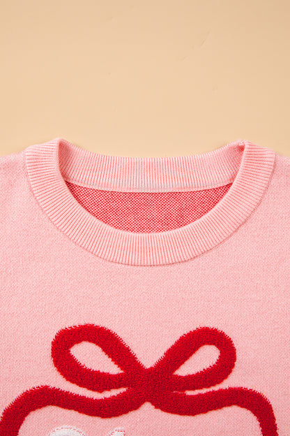 Gossamer Pink Drop Shoulder Round Neck Towel Embroidery Slogan Pullover Sweater