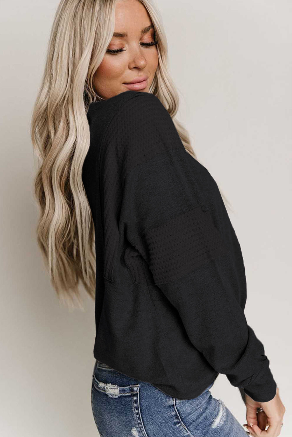 Haut Henley gris à manches dolman et patchwork gaufré 