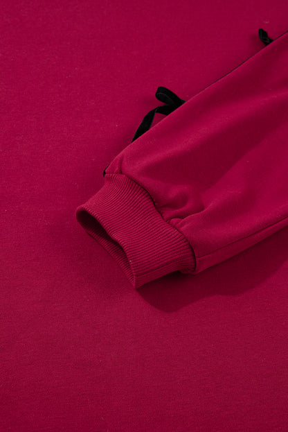 Racing Red Contrast Striped Bow Detail Drop Shoulder Sweatshirt Dress with Pockets