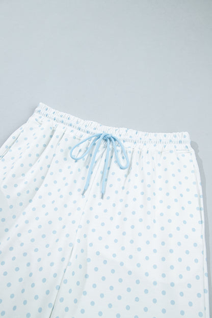 Light Blue Polka Dot Patchwork Colorblock Long Sleeve Casual Two Piece Pants Set