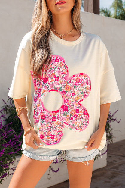 Jet Stream Floral Patched Raw Seam Big Flower Oversize Tee