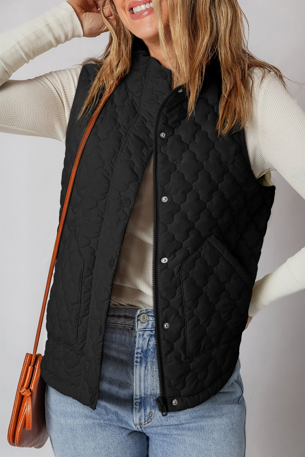 Black Flower Shape Quilted Snap Button Zip Up Winter Vest