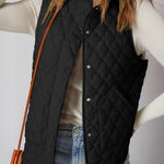 Black Flower Shape Quilted Snap Button Zip Up Winter Vest