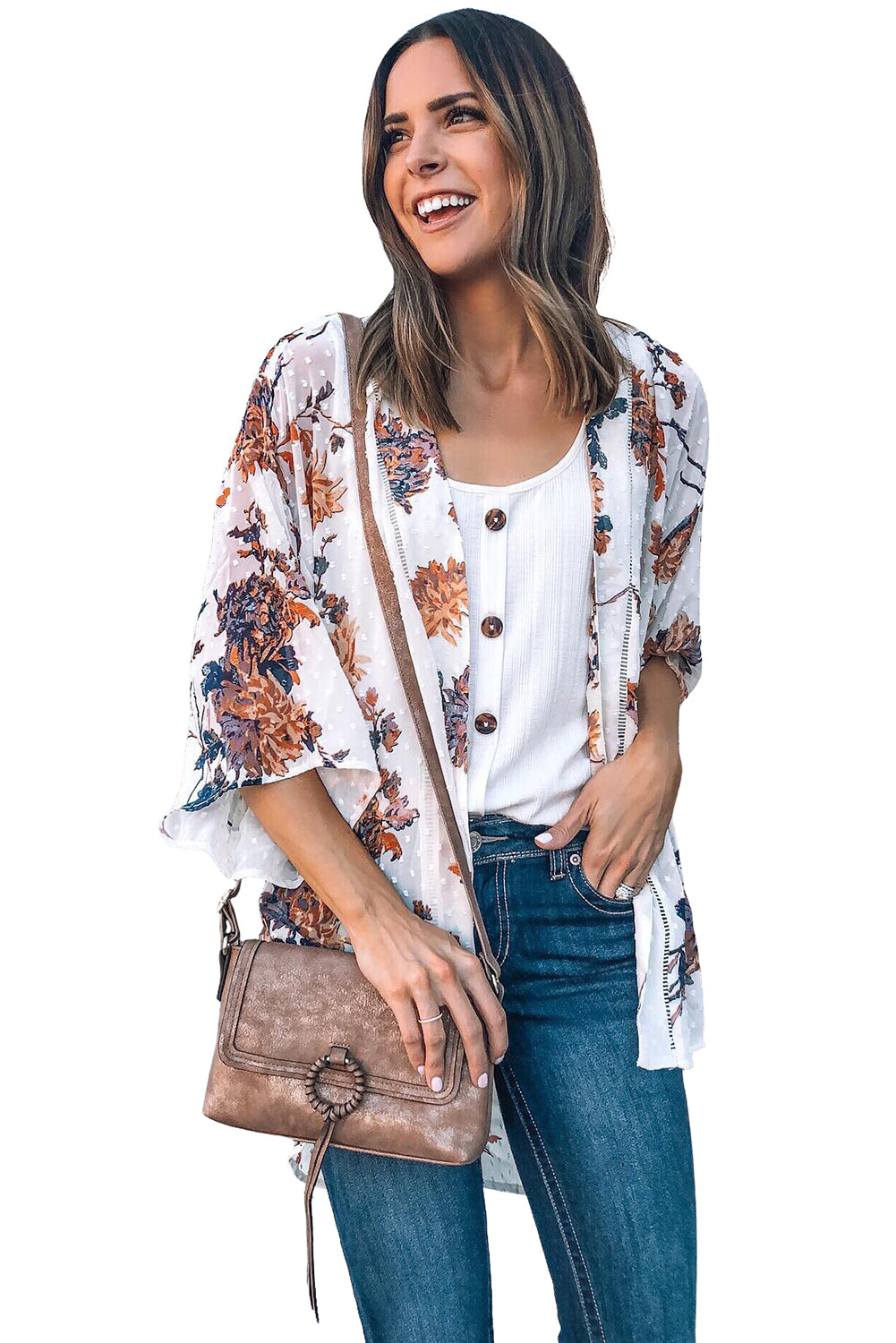 Kimono con manga acampanada y frente abierto con estampado floral 
