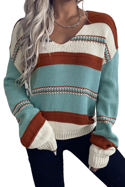 Peach Blossom Striped Pattern Knit V Neck Sweater