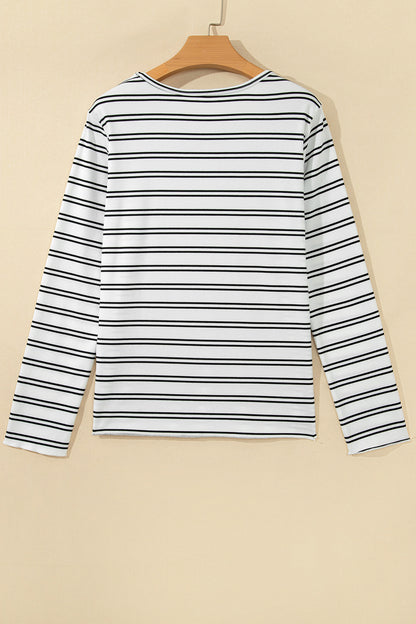 Beige Stripe Ribbed Knit Round Neck Long Sleeve Top