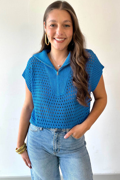 Sky Blue Solid Color Hollowed Knit Short Sleeve Zipper Collar Knitwear Top