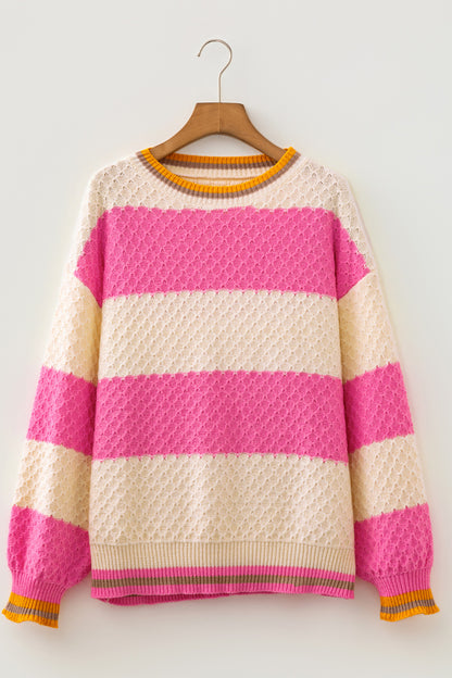 Pink Stripe Striped Colorblock Texture Drop Shoulder Sweater