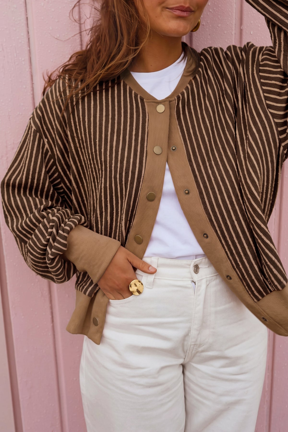 Brown Stripe Striped V Neck Patchwork Long Sleeve Regular Fit Cardigan