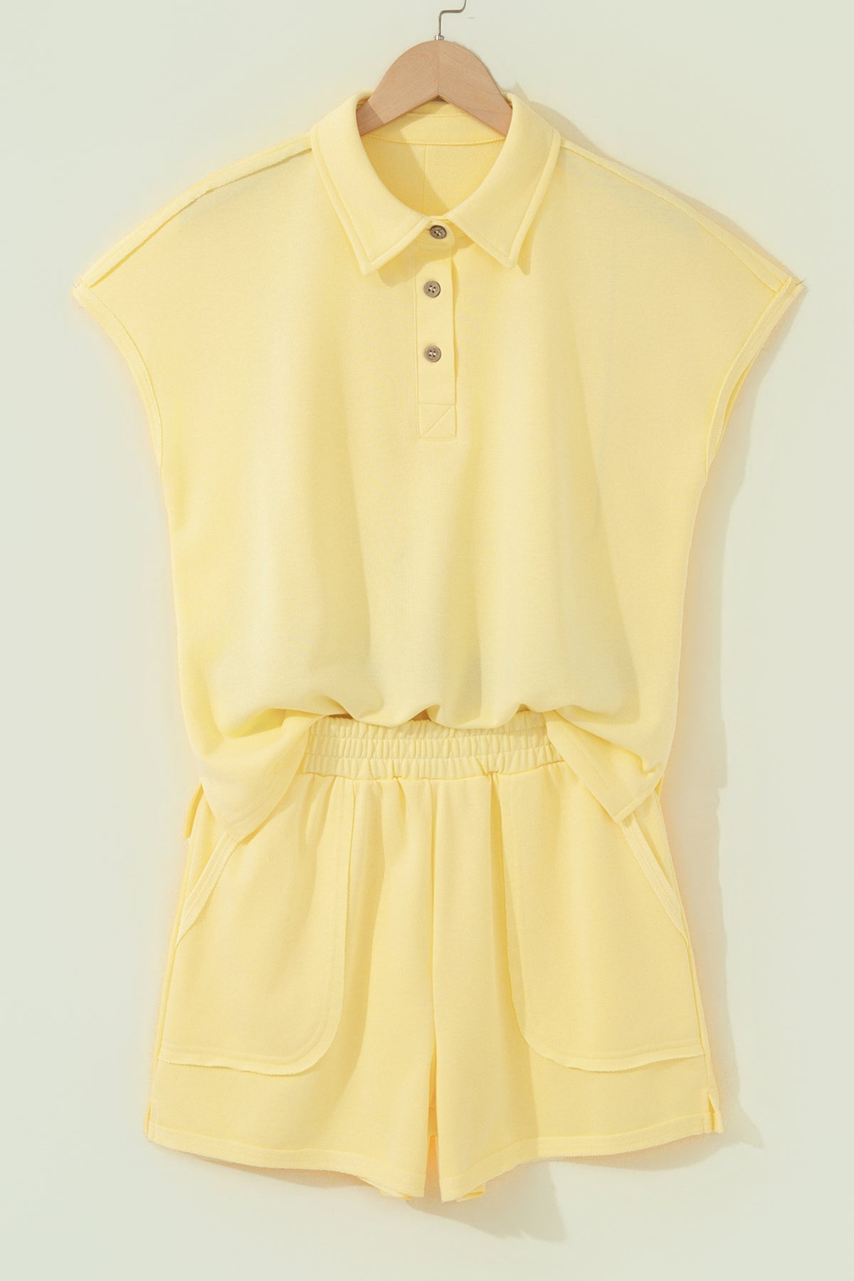 Yellow Cream Loose Polo Tee Elastic Waist 2pcs Short Set
