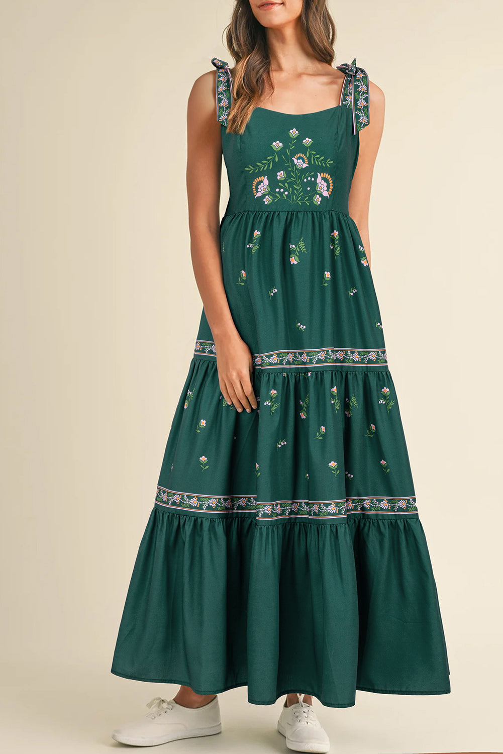 Robe longue à volants et bretelles nouées à fleurs vert noirâtre