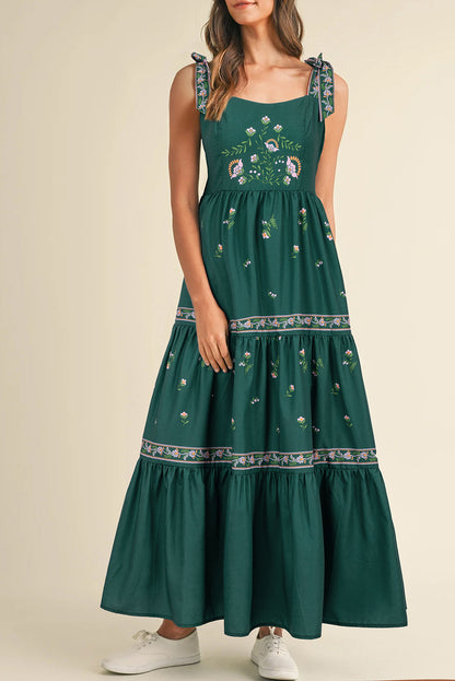 Robe longue à volants et bretelles nouées à fleurs vert noirâtre