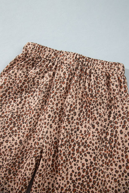 Khaki Leopard Print Drawstring Waist Patch Pockets Pants