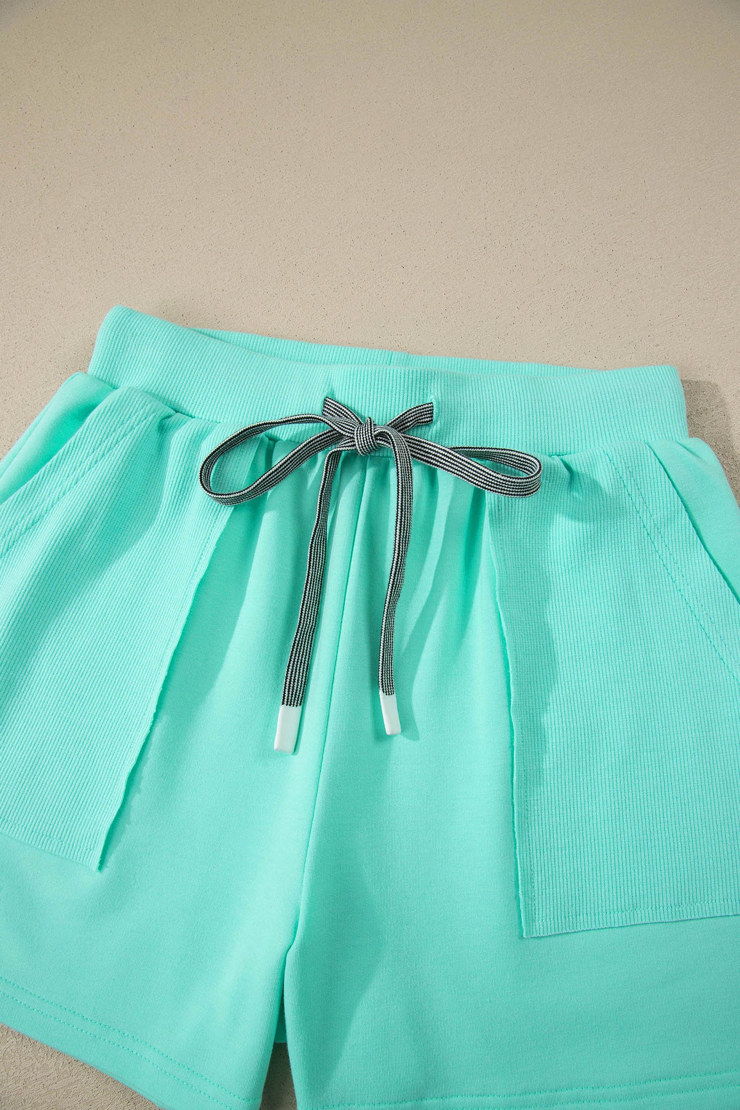 Mint Green V Neck Short Sleeve Top Drawstring Shorts 2pcs Set