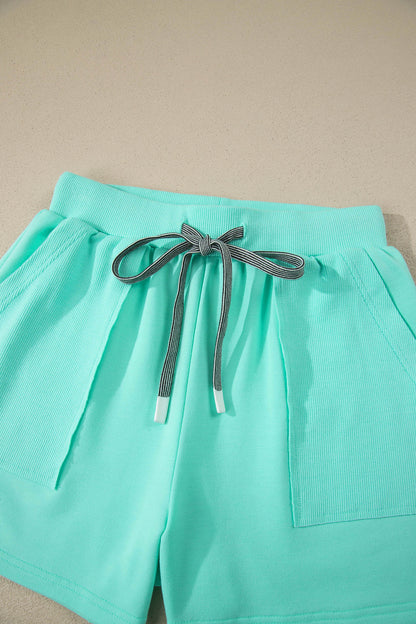 Mint Green V Neck Short Sleeve Top Drawstring Shorts 2pcs Set