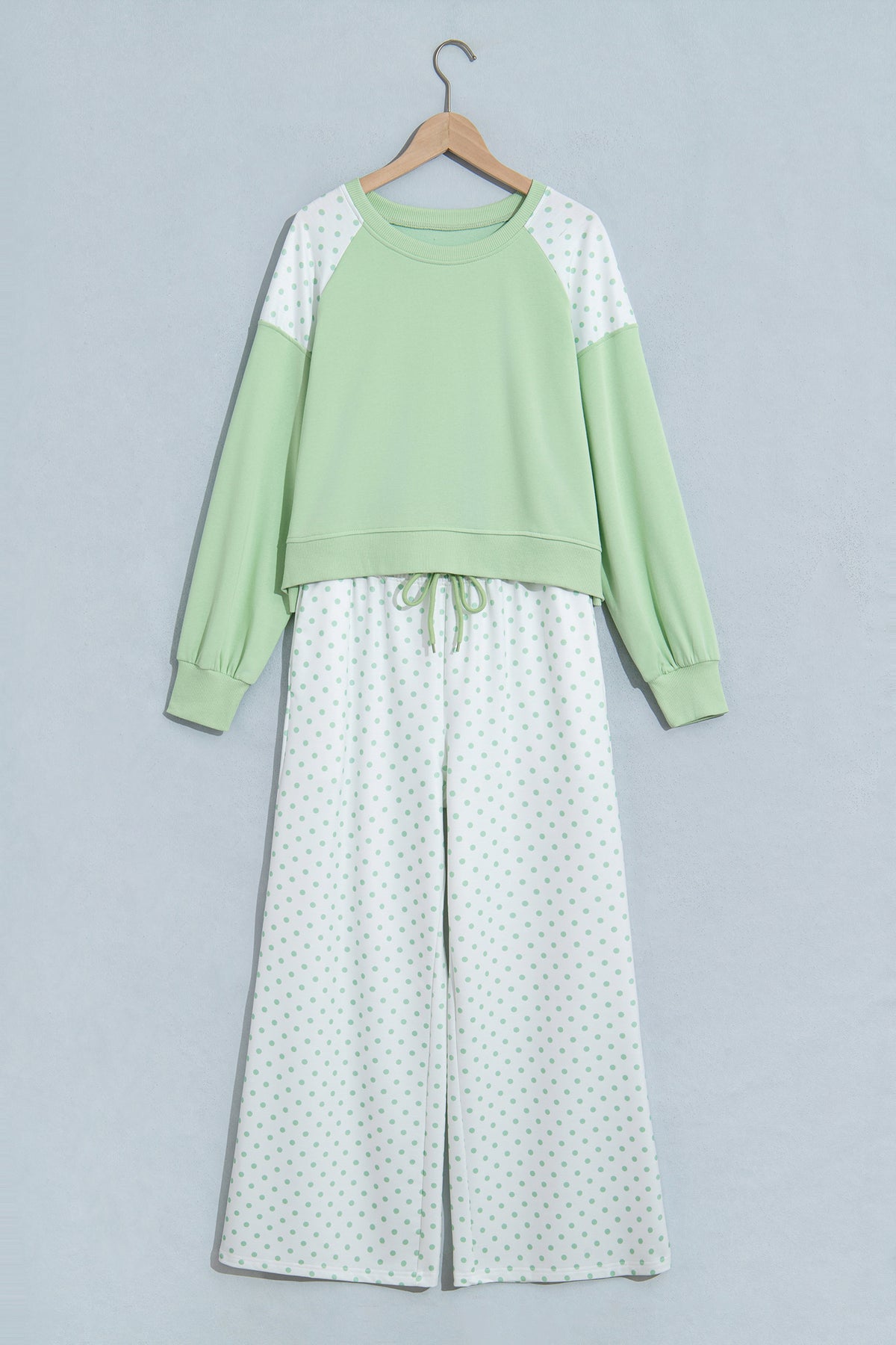Green Polka Dot Patchwork Colorblock Long Sleeve Casual Two Piece Pants Set