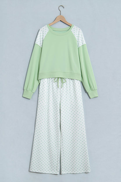 Green Polka Dot Patchwork Colorblock Long Sleeve Casual Two Piece Pants Set