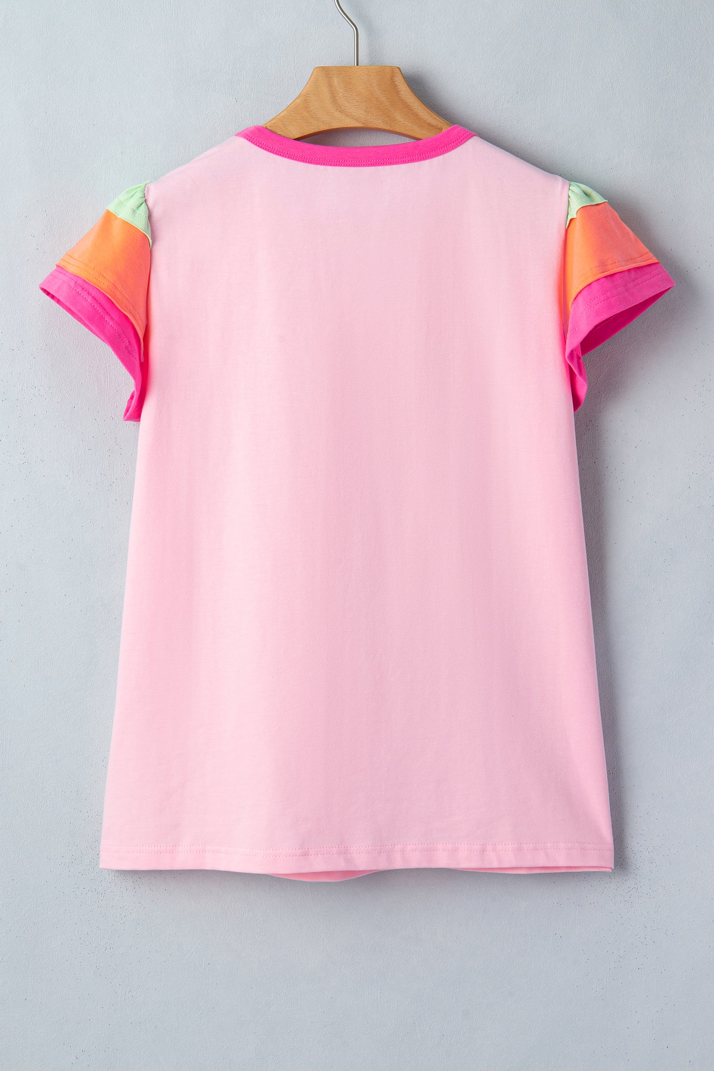 Pink Colorblock Flutter Sleeve Round Neck T Shirt