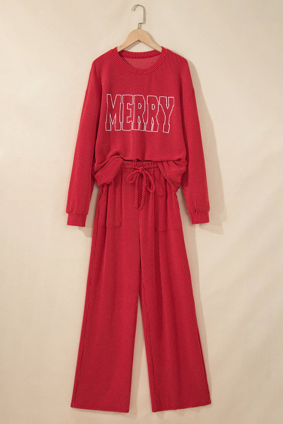 Racing Red MERRY Corded Long Sleeve Top and Pockets Pants Set