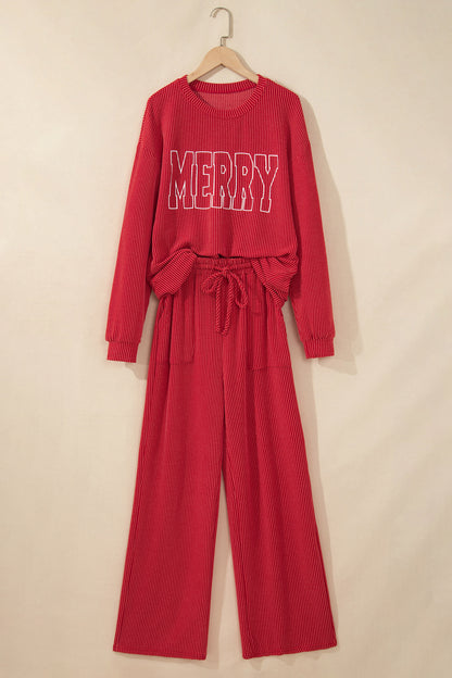 Racing Red MERRY Corded Long Sleeve Top and Pockets Pants Set
