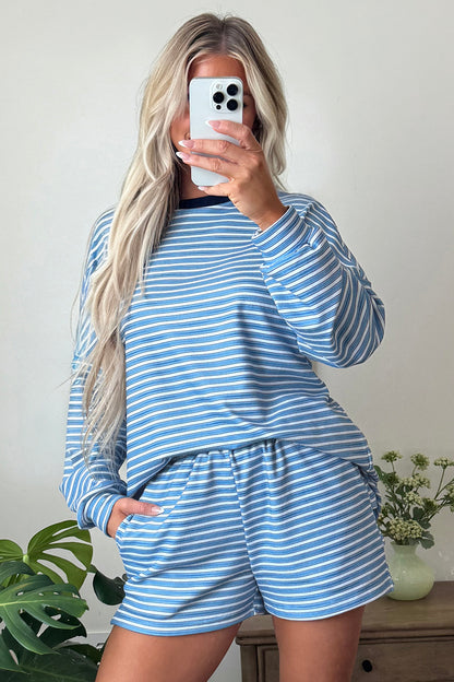 Sky Blue Stripe Long Sleeve Oversized Top Pocketed Casual Shorts Two Piece Set
