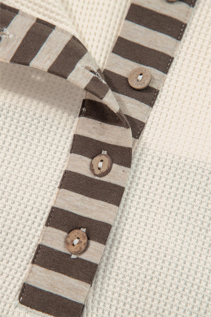 Beige Waffle Stripe Plaid Patchwork Henley Knit Top