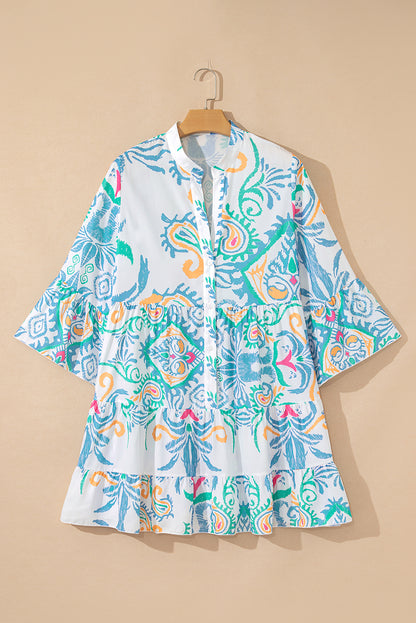 Sky Blue Tribal Bracelet Sleeve Buttoned Mini Dress