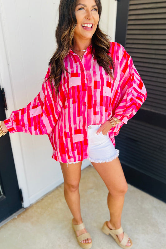 Chemise décontractée à manches chauve-souris et imprimé abstrait rose