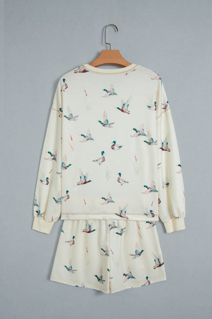 Beige Free Mallard Print Long Sleeve Top Drawstring Short Set