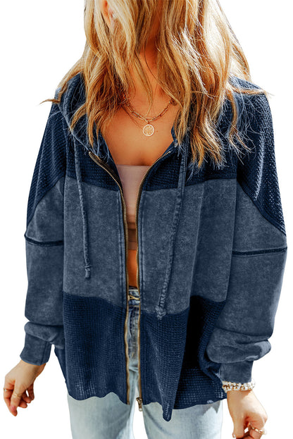 Khaki Waffle Patchwork Vintage Washed Hooded Jacket