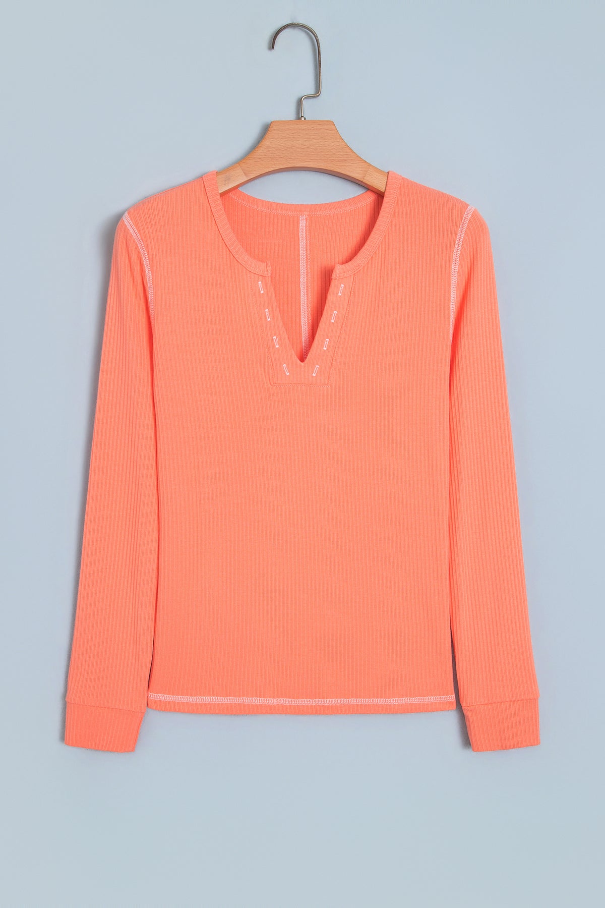 Flamingo V Neck Ribbed Stitched Detail Long Sleeve Top