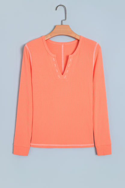 Flamingo V Neck Ribbed Stitched Detail Long Sleeve Top