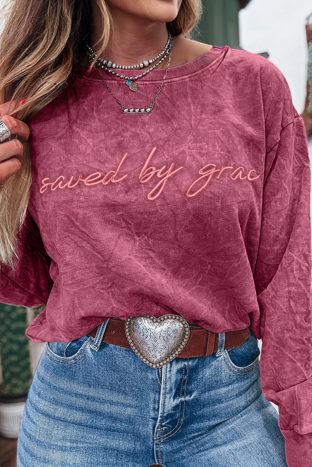 Mineral Red saved by grace Letter Embroidery Mineral Wash Loose Sweatshirt