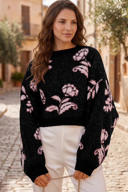 Black Floral Pattern Puff Sleeve Dropped Shoulder Pullover Sweater