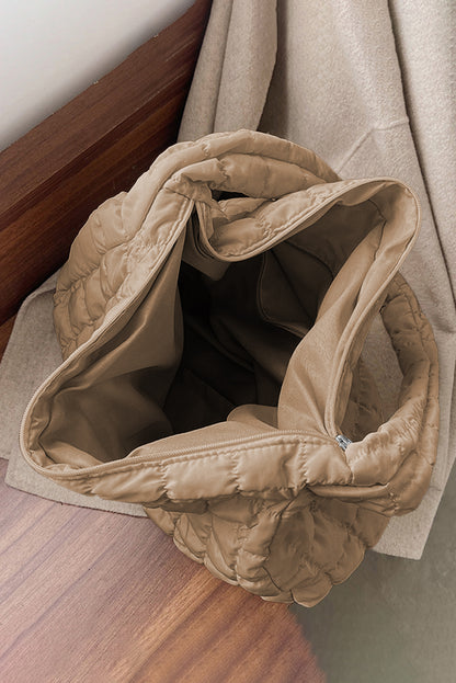 Grand sac à bandoulière matelassé beige clair avec fermeture éclair