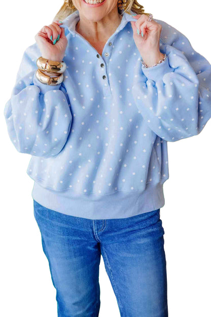 Sky Blue Polka Dot V Neck Metal Button Long Sleeve Shift Plus Size Sweatshirt