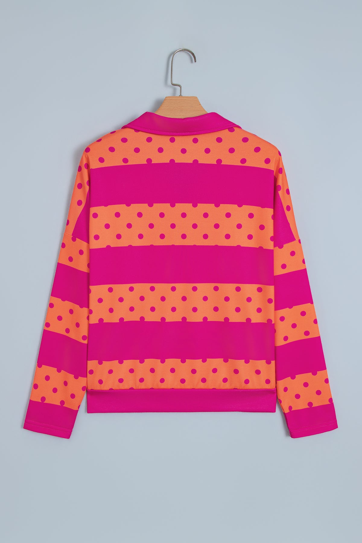Pink Stripe Patchwork Polka Dot Accent Quarter Zip Long Sleeve Top