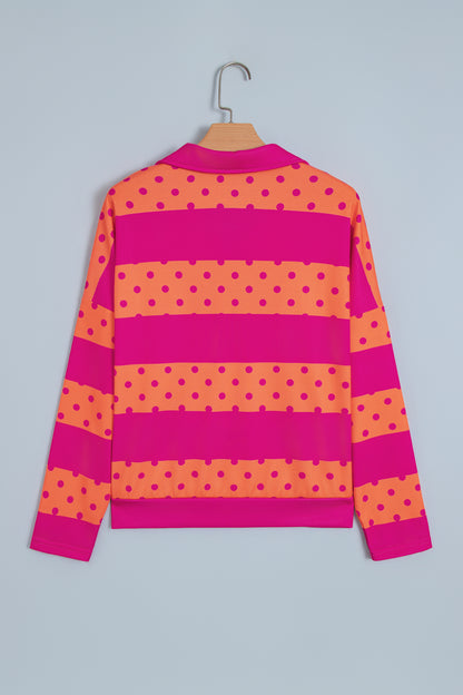 Pink Stripe Patchwork Polka Dot Accent Quarter Zip Long Sleeve Top