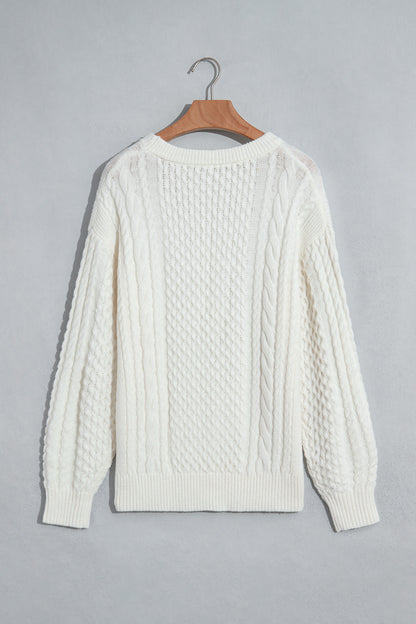Beige Solid Color Cable Detail Knit Loose Round Neck Sweater