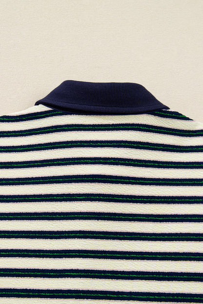 Navy Blue Striped Print Contrast Collar Zip V Neck Long Sleeve Top