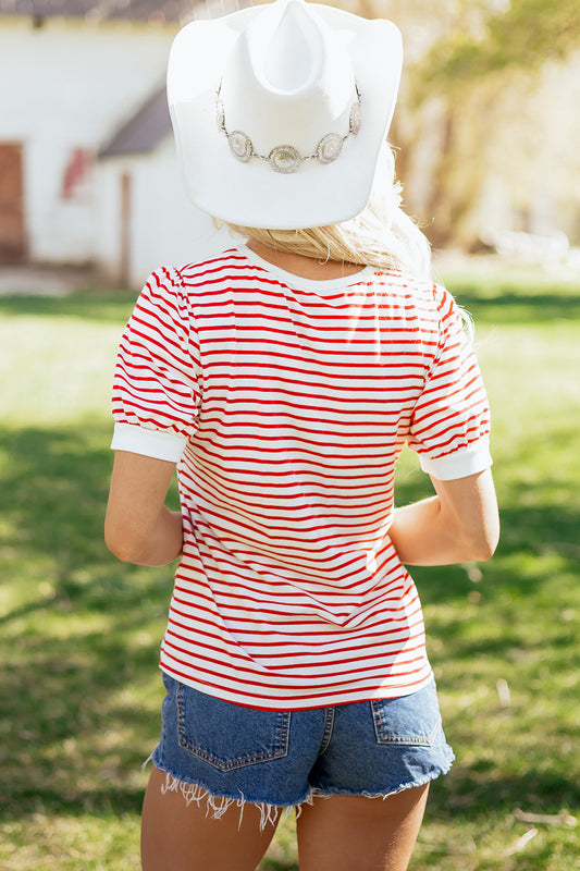 Red Stripe Contrast Trim Round Neck Short Puff Sleeve T Shirt